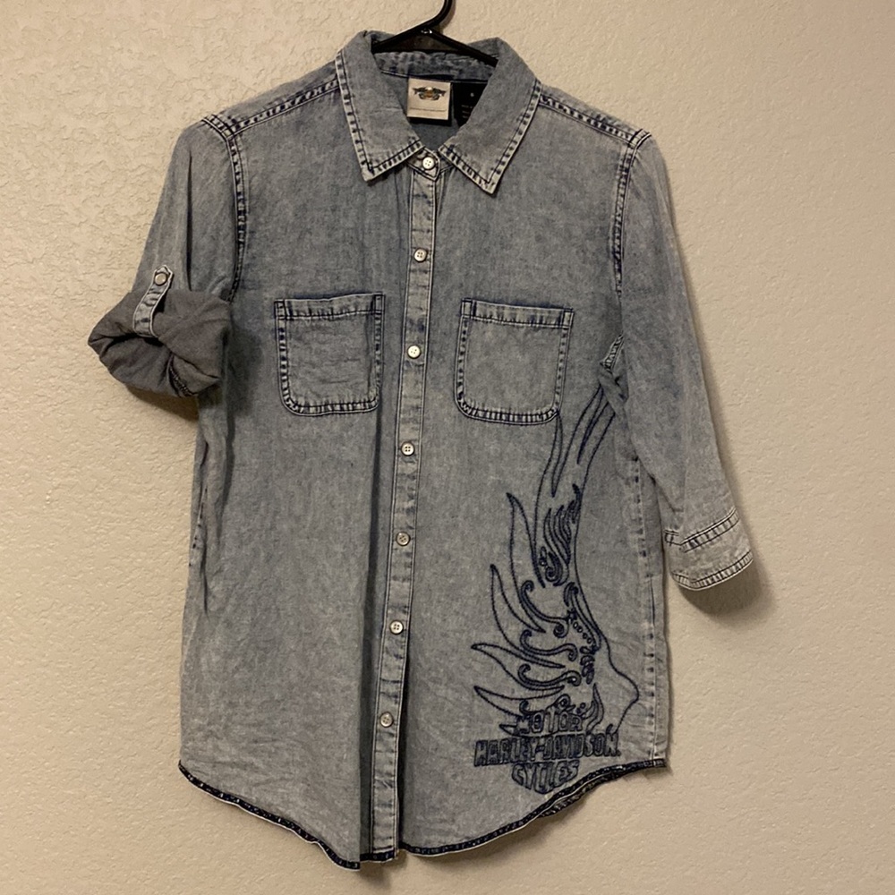 Harley-Davidson Womens Vintage Wash Convertible Sleeve Lightweight Denim Tee - S - Picture 4 of 11